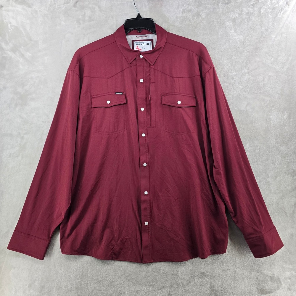 Poncho Western Shirt Mens XL Maroon Long Sleeve Pearl Snap Performance Stretch